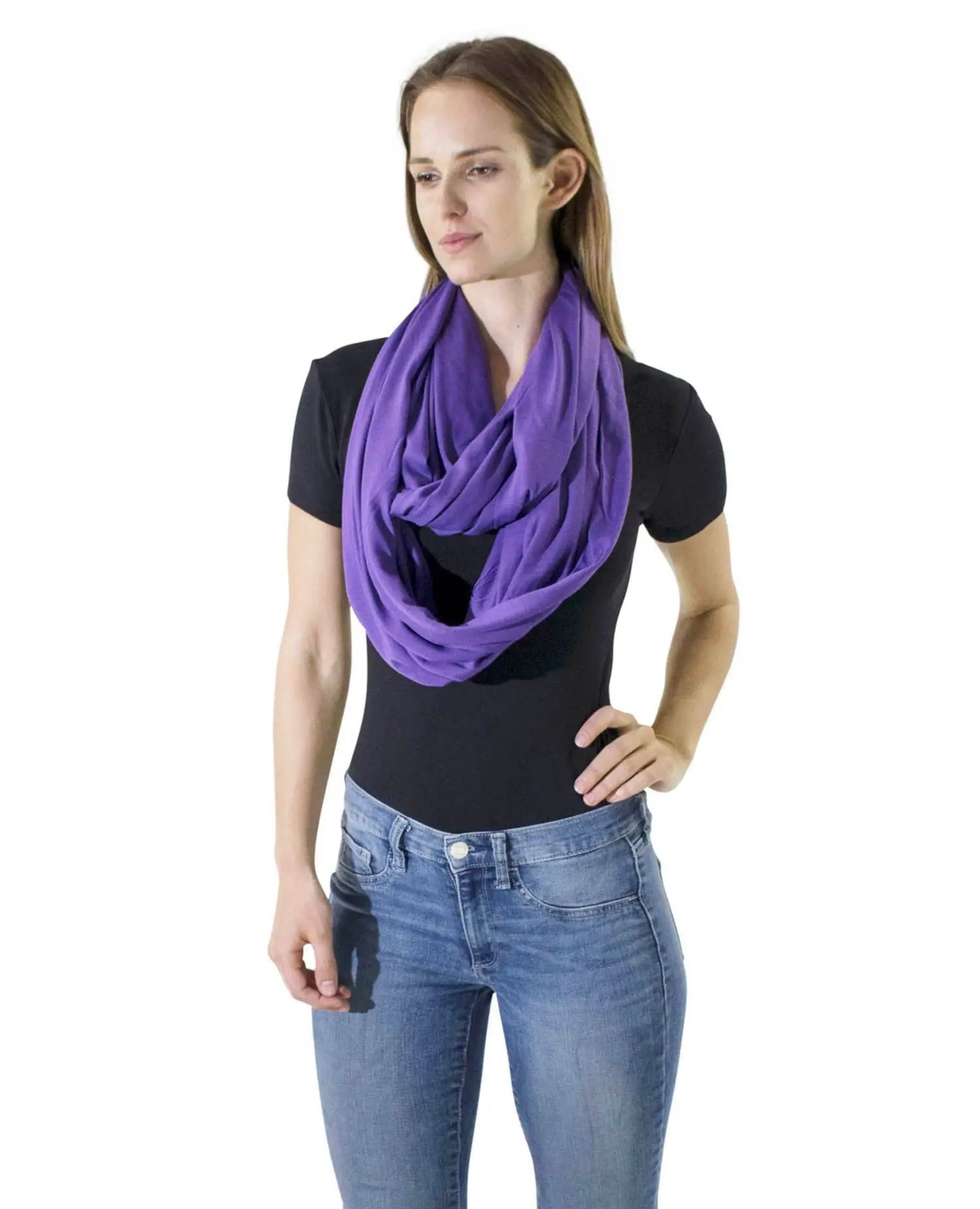 Woman wearing purple cotton blend jersey winter snood scarf.
