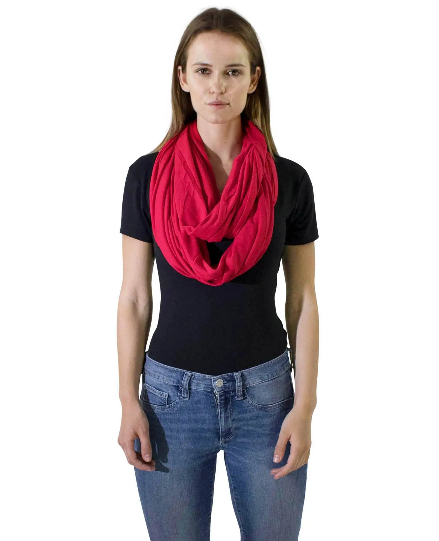 Cotton blend jersey winter snood styled in red scarf