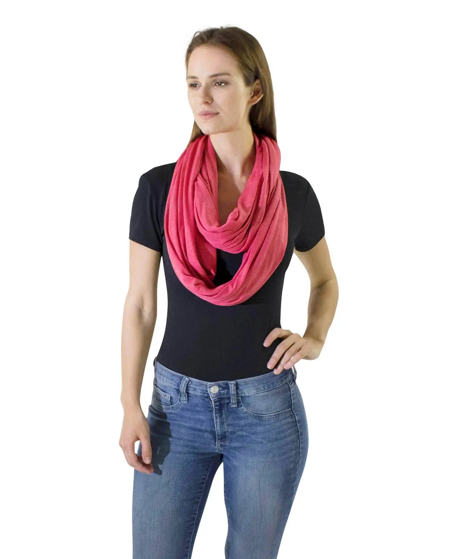 Woman wearing pink scarf in Cotton Blend Jersey Winter Snood: Cosy & Versatile Scarf