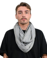 Man wearing gray cotton blend jersey winter snood scarf