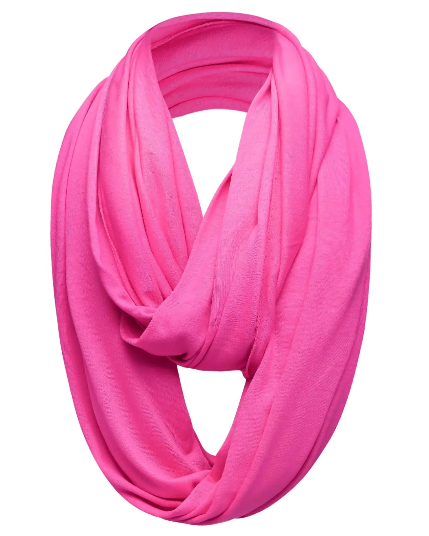 Pink cotton blend jersey winter snood scarf on white background.