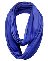 Close up of a cotton blend jersey blue scarf on a white background