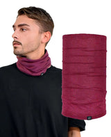 Man in black wearing a burgundy neck gaiter, with a seamless tubular design shown enlarged on the right.