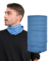 Man holding blue jersey cotton neck gaiter.