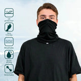 Man wearing black hoodie with ’protect’ and ’protect’ displayed on Cotton Sports Snood Neck Gaiter.