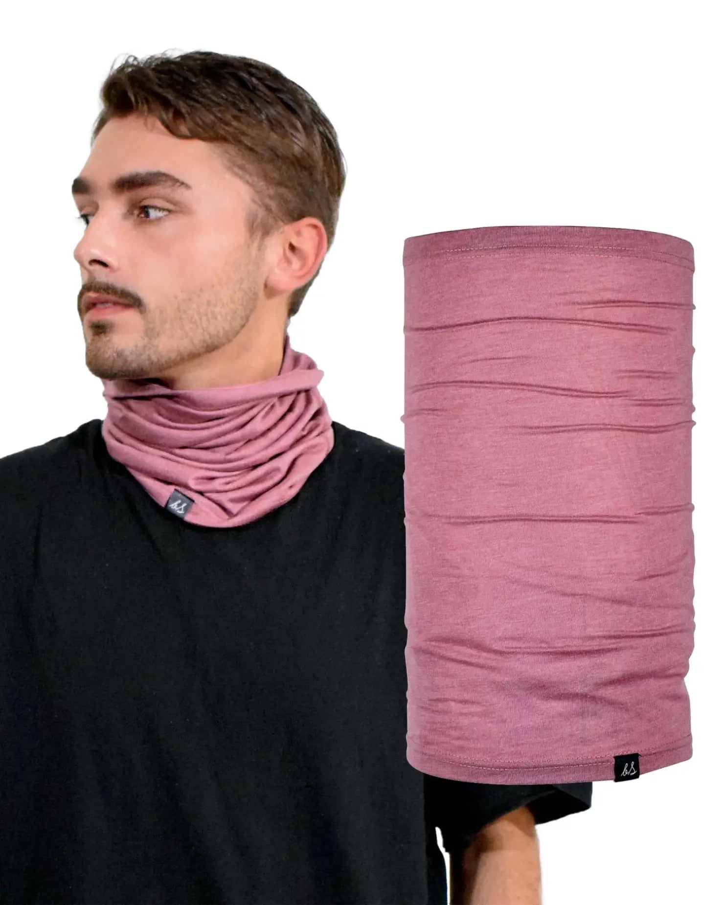 Man wearing pink scarf and black shirt with Cotton Sports Snood Neck Gaiter