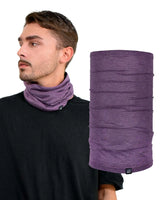 Man wearing purple scarf and black shirt, modeling Cotton Sports Snood Neck Gaiter in jersey cotton.