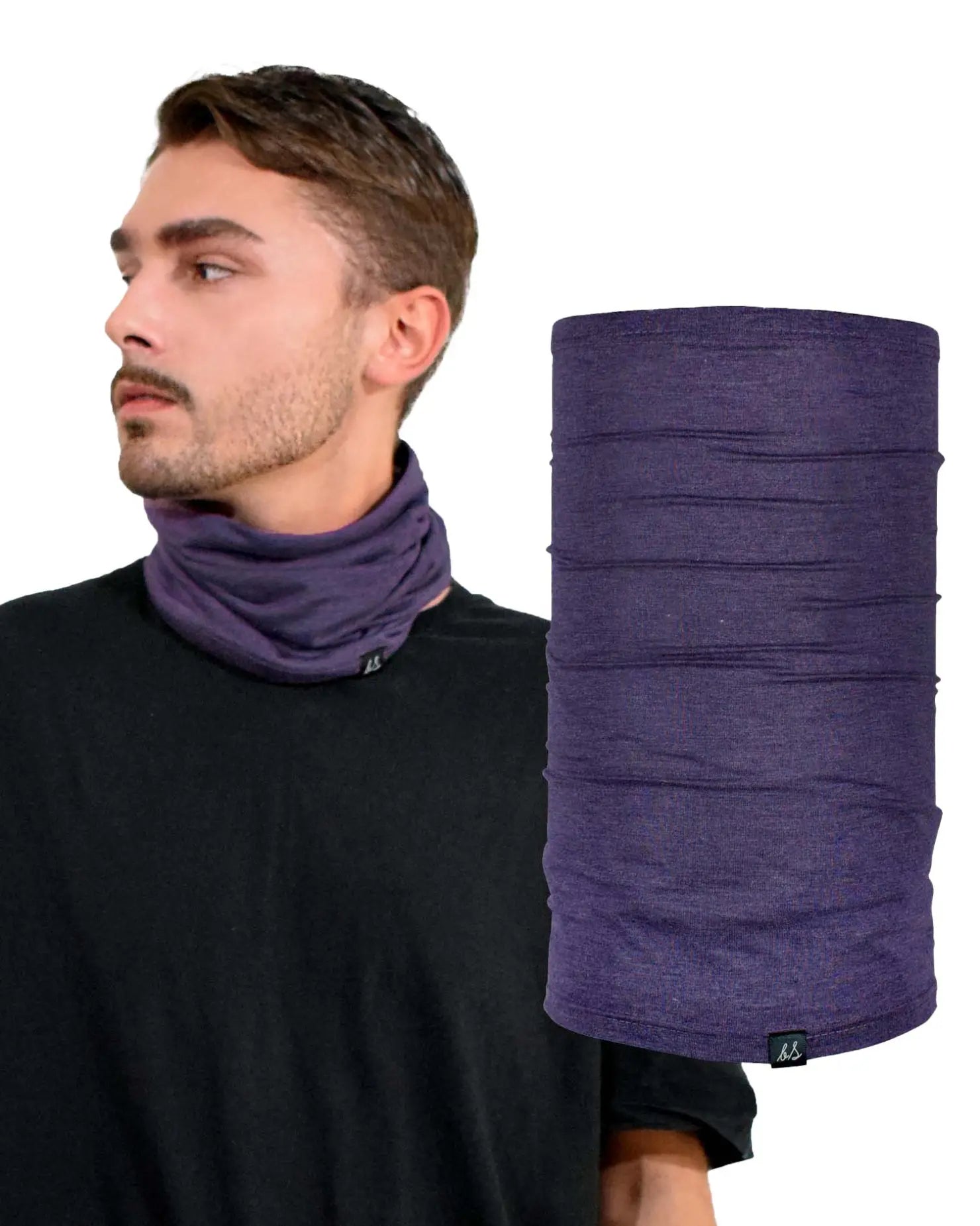 Fashionable man in purple scarf and black shirt wearing Cotton Sports Snood Neck Gaiter.