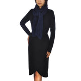 Crinkled cotton scarf with tassels, woman in black dress wearing blue scarf