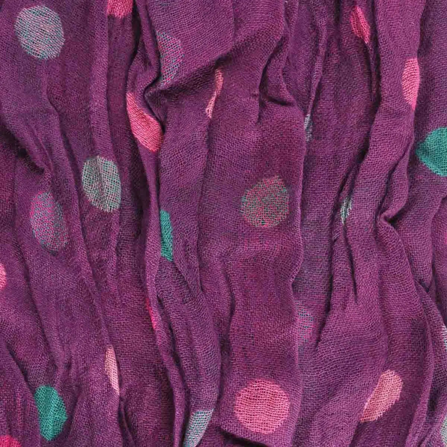Crinkled Polka Dot Print Tasselled Long Soft Scarf in purple with multi colored spots.