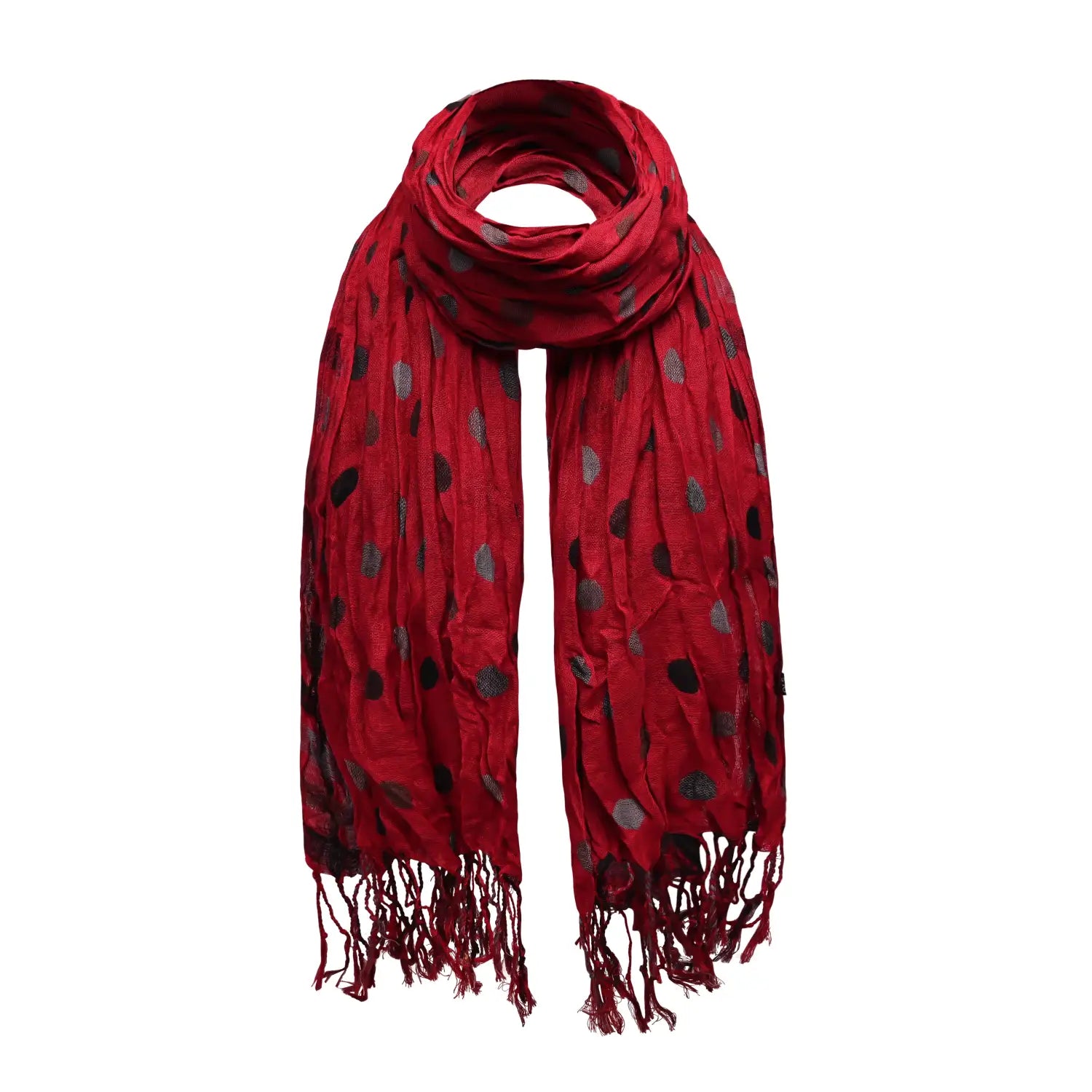 Red scarf with black and grey polka dot hearts.