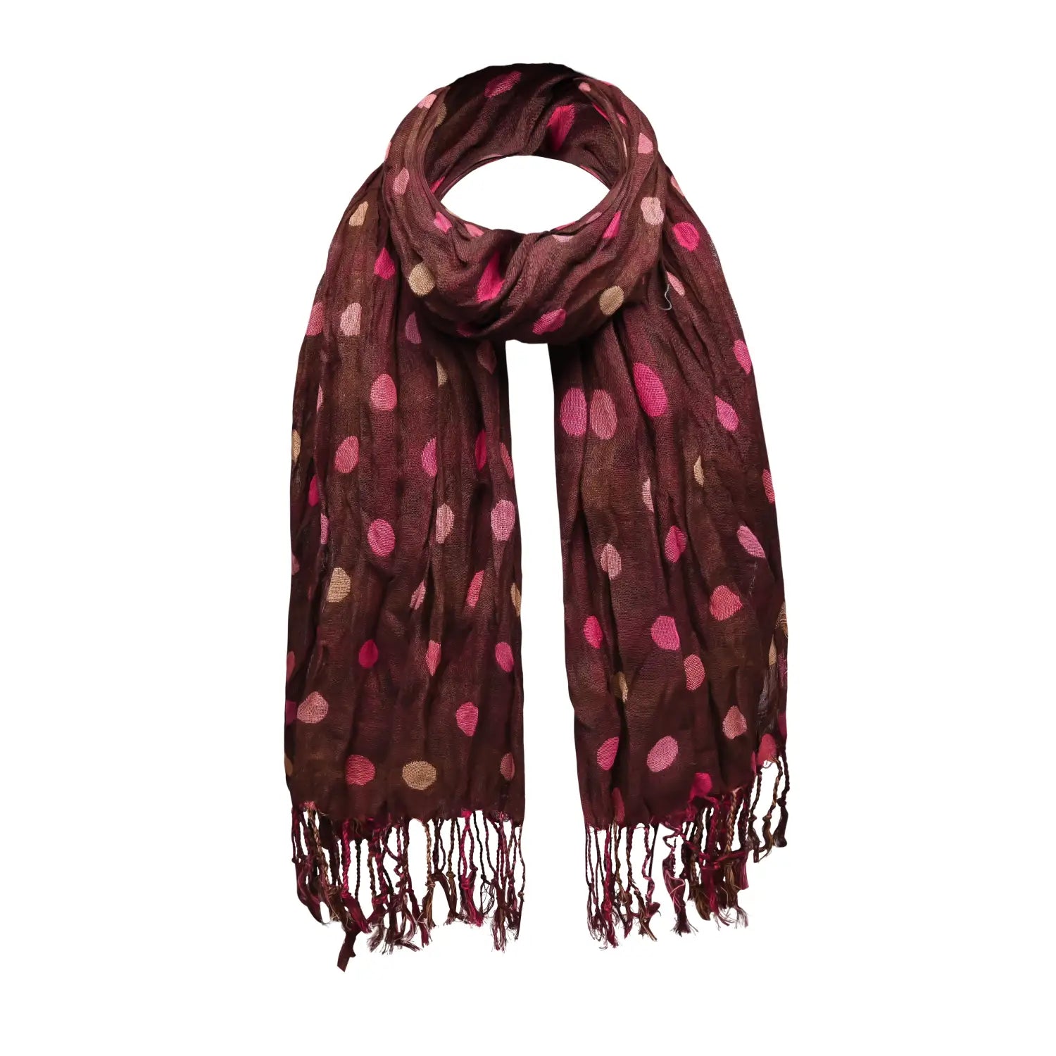 Pink and brown polka dot print long soft scarf with tassels.