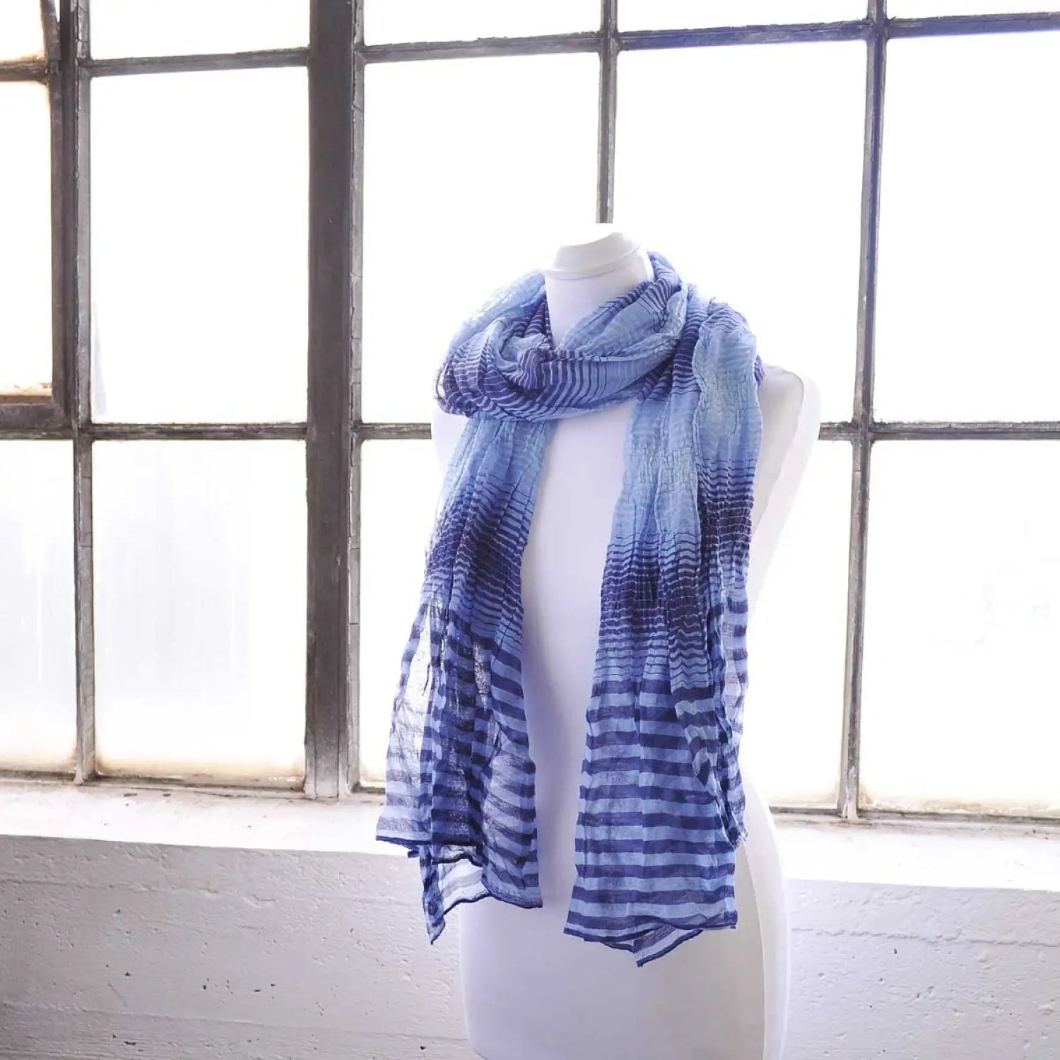 Crinkled Striped Lightweight Spring Summer Scarf on mannequin.