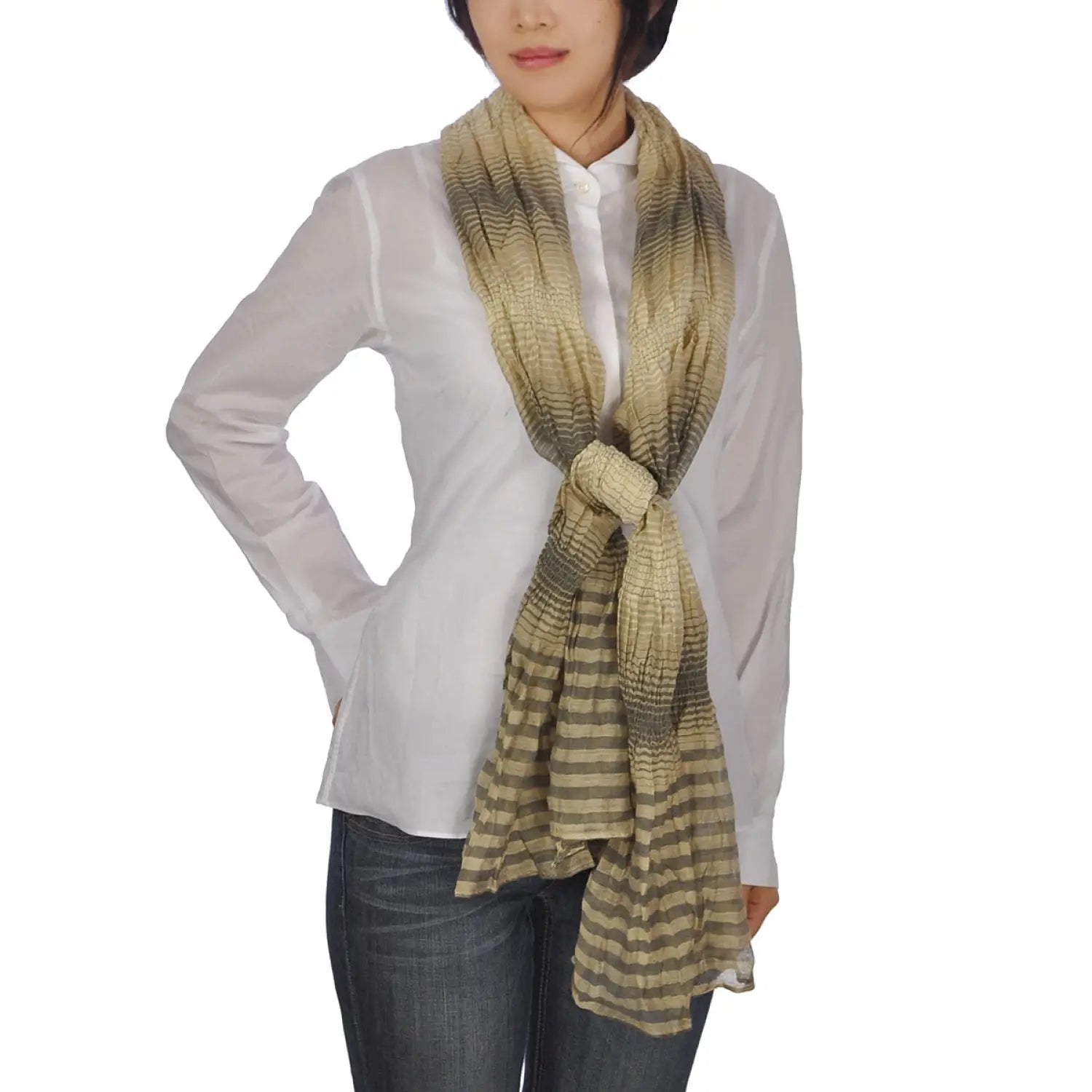 Crinkled Striped Lightweight Spring Summer Scarf with Gold and Black Pattern