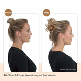 Curly messy bun hair scrunchie extension on woman