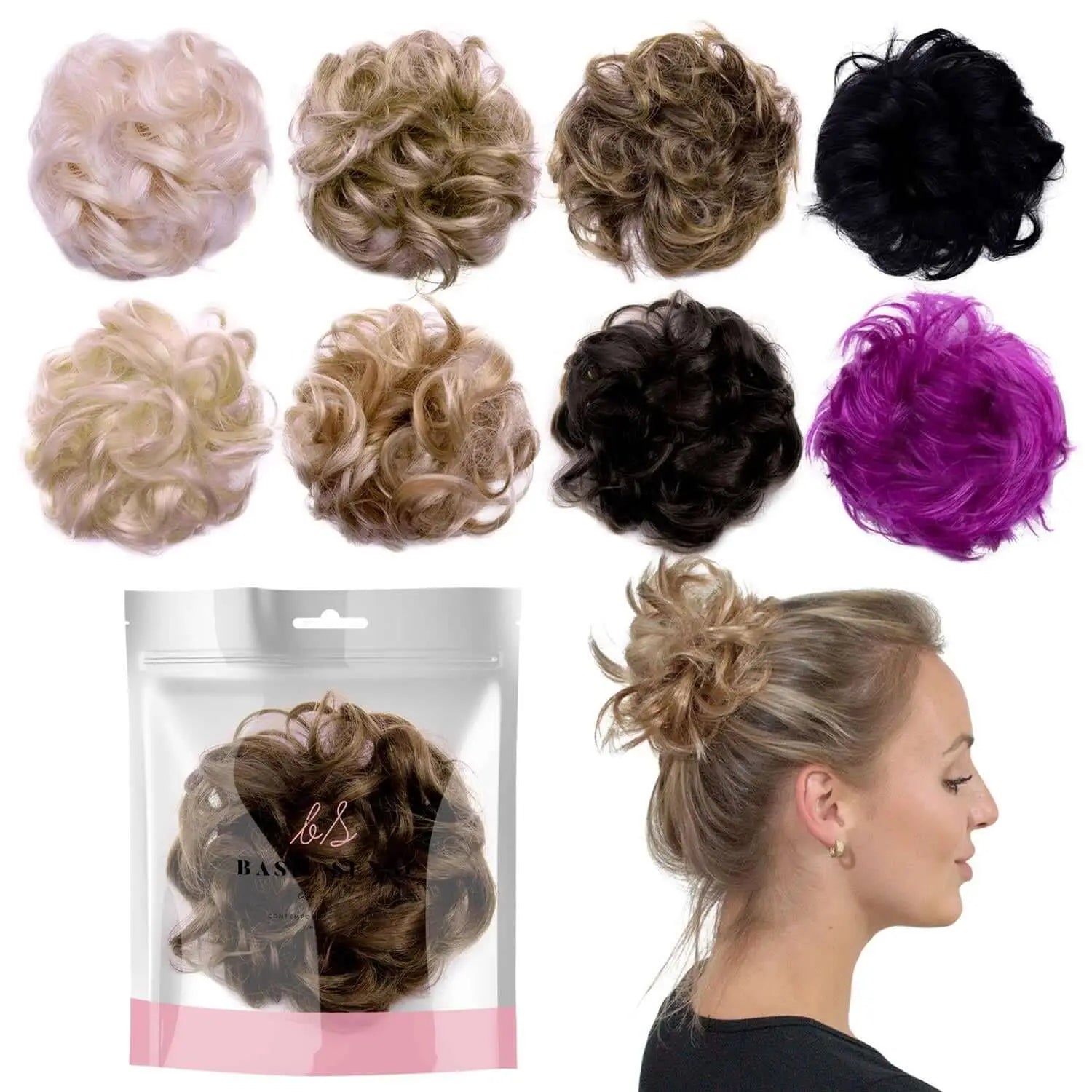 Curly messy bun hair scrunchie extension on woman.