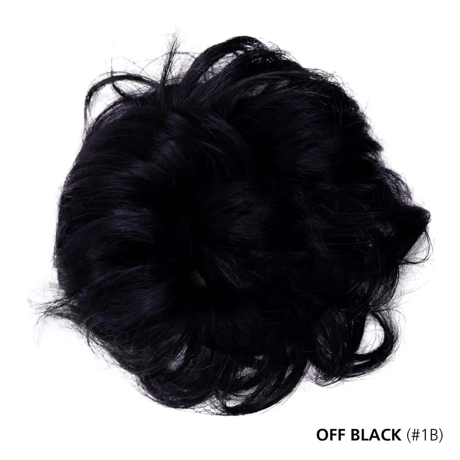 Curly messy bun hair scrunchie extension with black wig and hair piece.