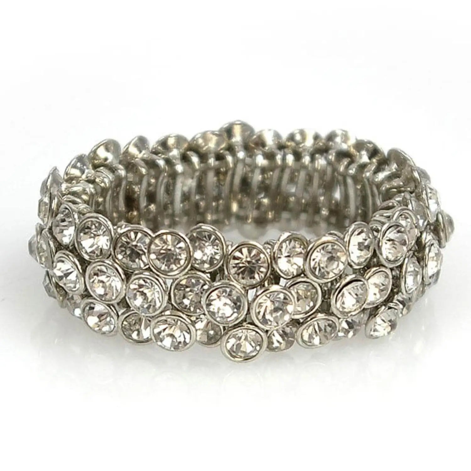 Diamante and rhinestone silver statement ring displayed on elasticated bracelet
