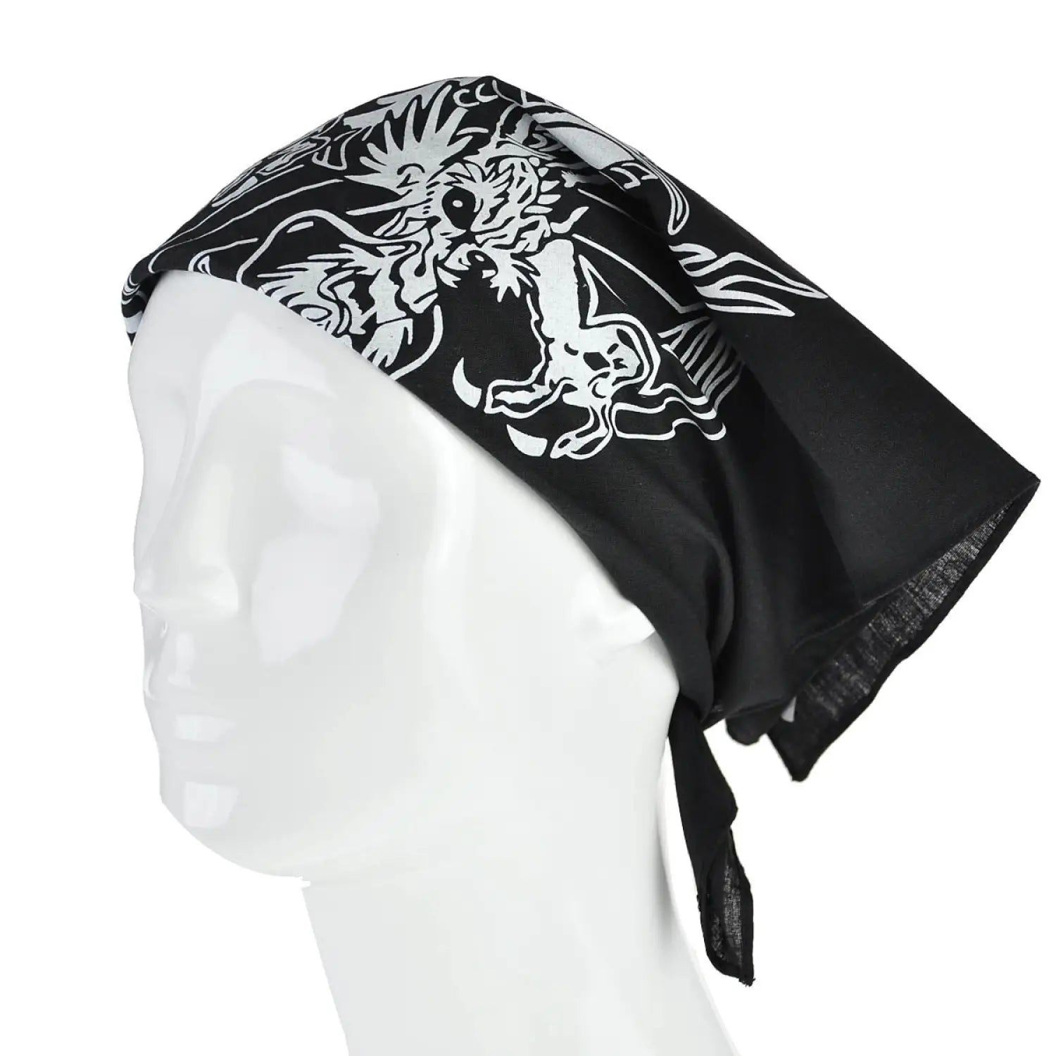 Dragon & Sword Print Bandana - Close up of head wearing bandana with dragon design, made of 100% cotton