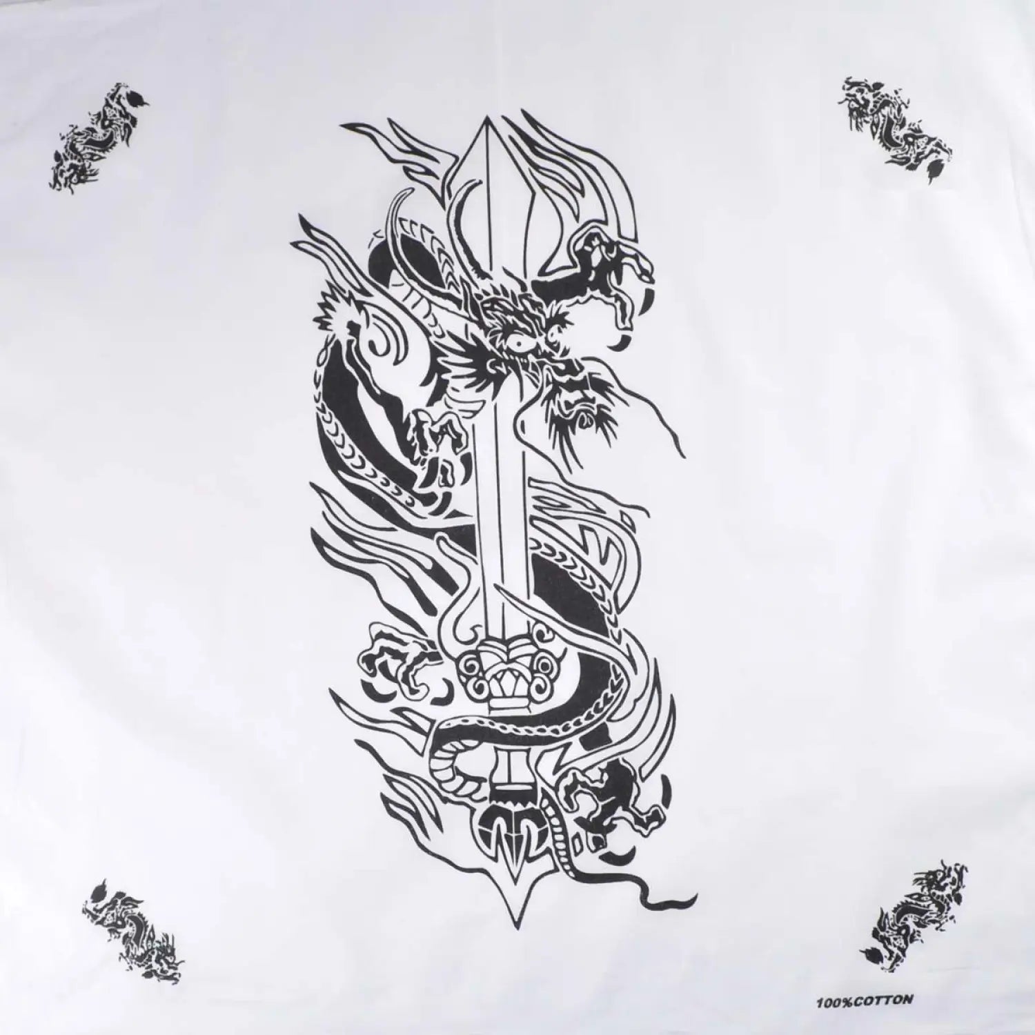 Dragon & Sword Print Bandana - 100% Cotton, White sheet with black dragon design