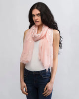Dragonfly foil print pink scarf with stars on woman