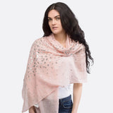 Dragonfly foil print oversized scarf with woman wearing pink scarf