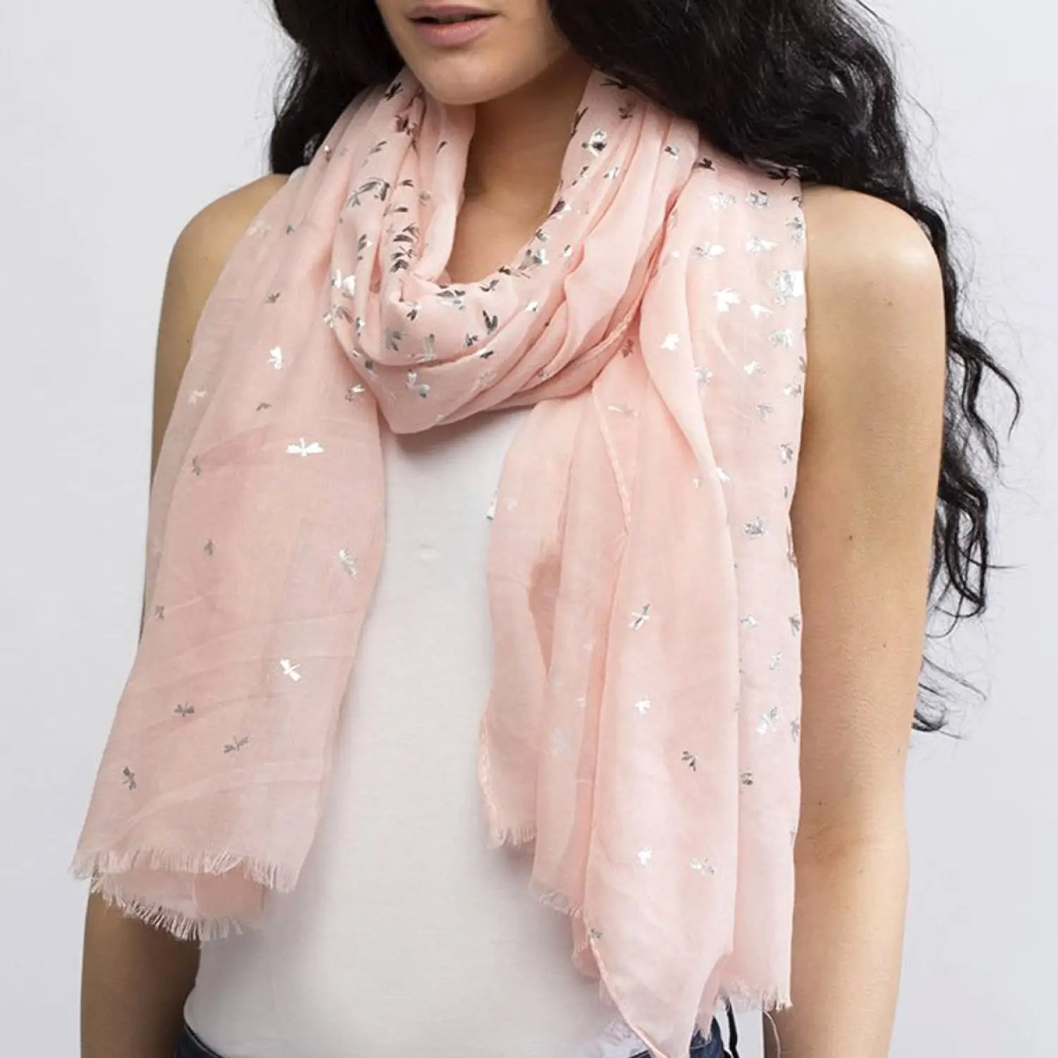 Dragonfly foil print pink scarf with silver stars, product name Dragonfly Foil Print Super Soft Oversized Scarf.