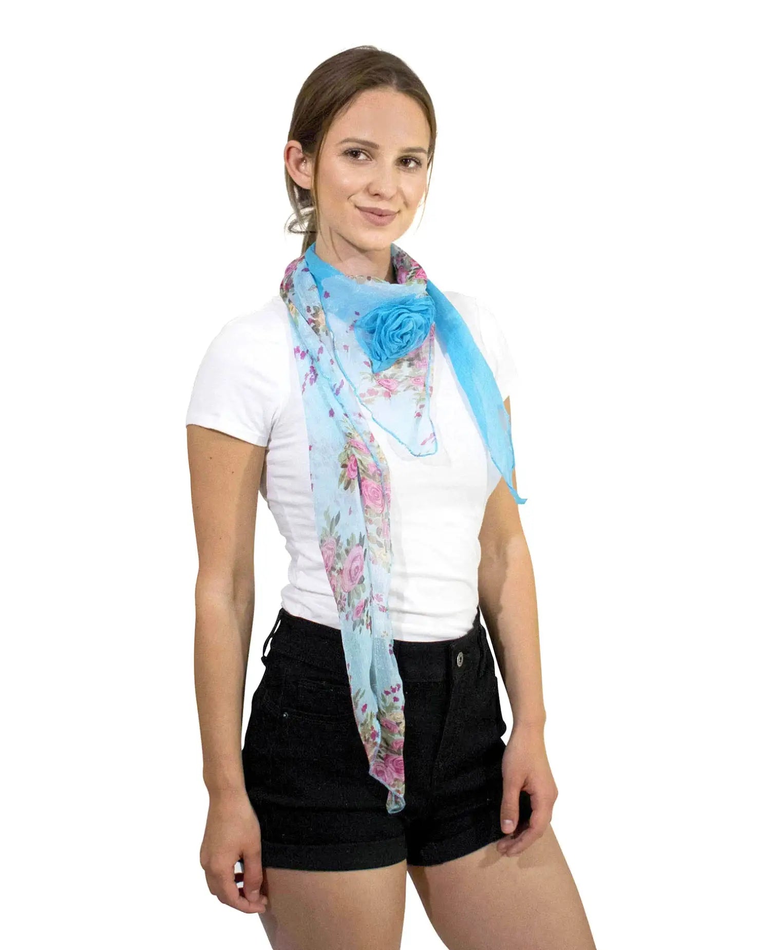 Woman wearing Elegant Floral Print Chiffon Scarf with Pink Flowers