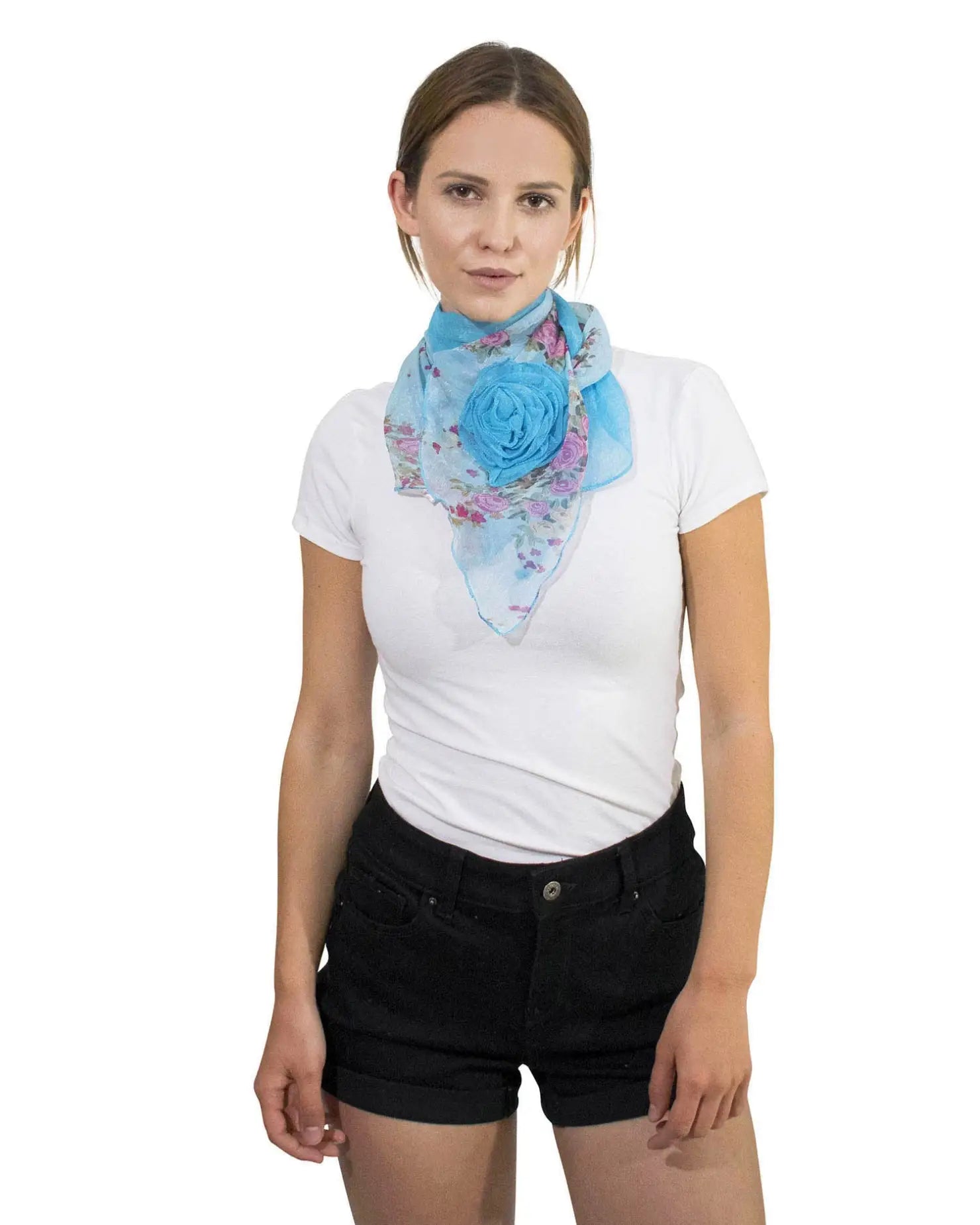 Woman in white t-shirt and black shorts wearing Elegant Floral Print Chiffon Scarf with Detachable 3D Flower Pin