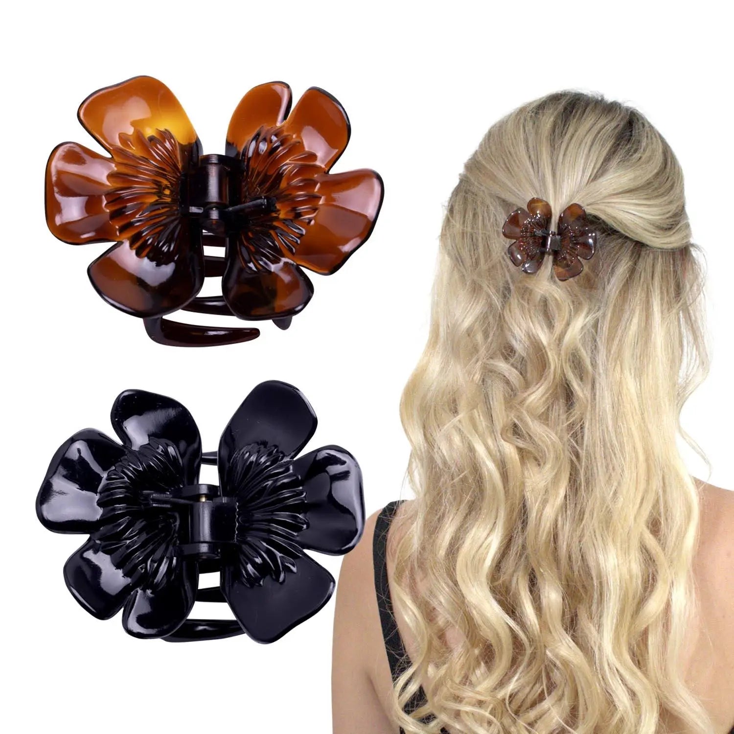 Blonde woman wearing Elegant French Butterfly & Flower Hair Claws.