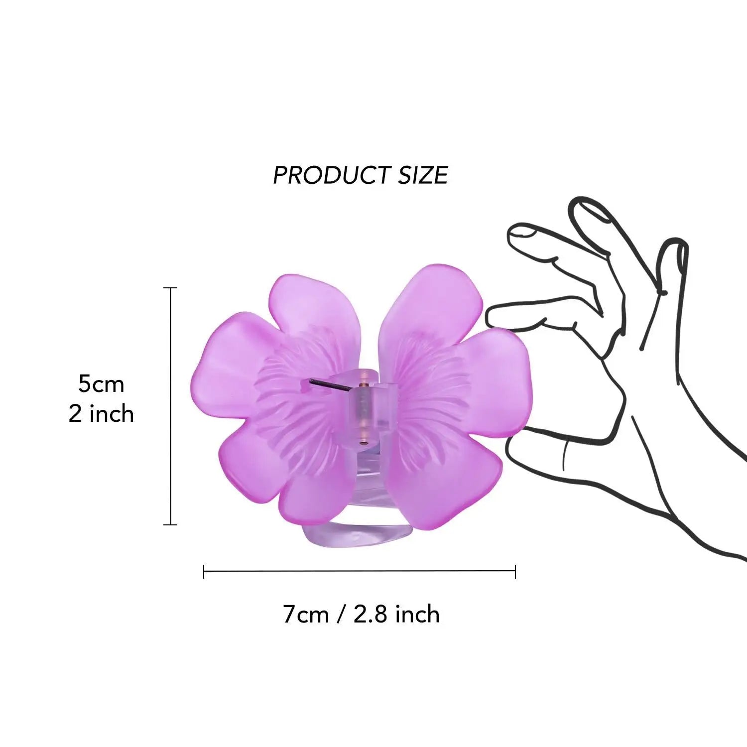 Purple flower hair claw with petal measurements from Elegant French Butterfly & Flower Hair Claws.
