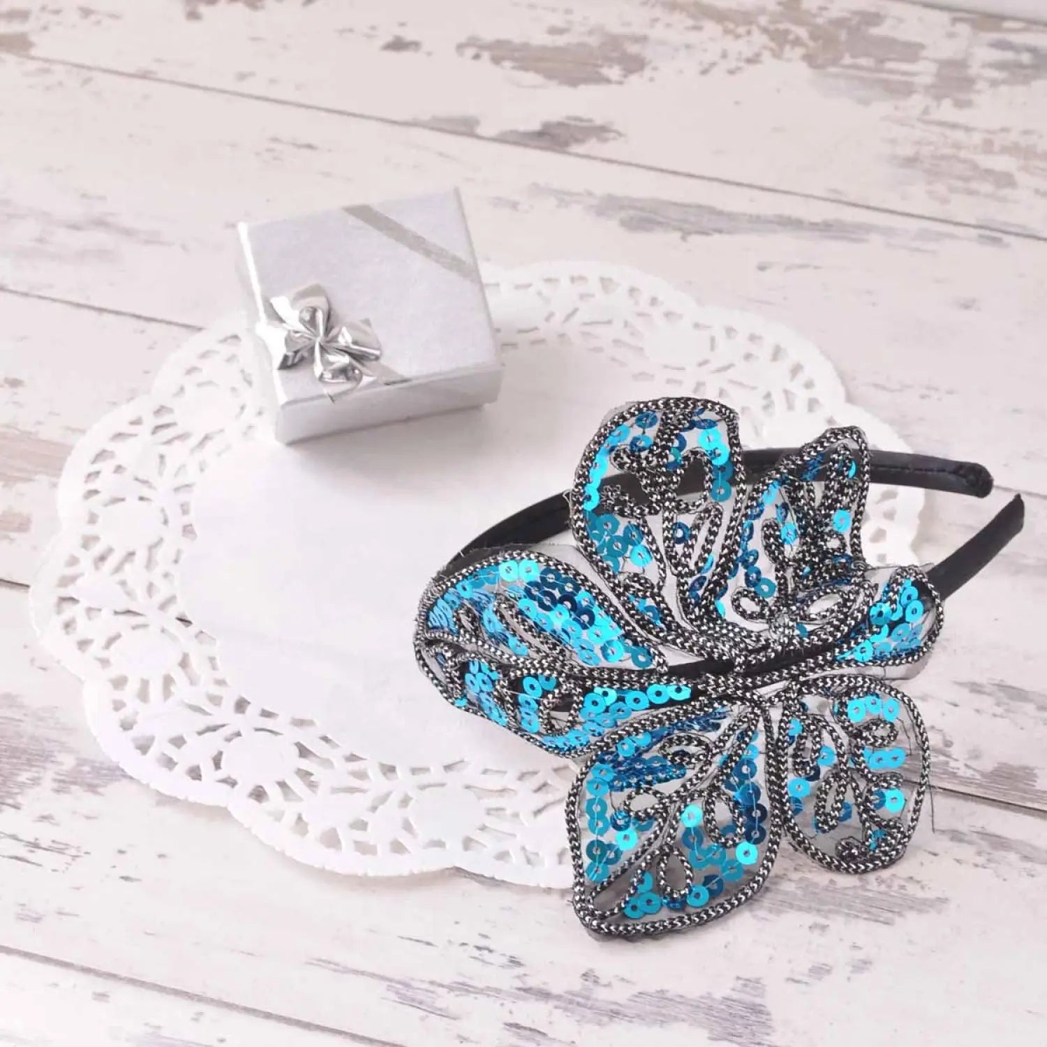 Blue and black flower headband with lace edge, Elegant Leaf Alice Headband with Spangle & Sequin Detailing.
