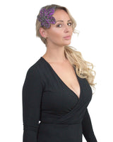 Woman wearing black top and purple headband - Elegant Leaf Alice Headband with Spangle & Sequin Detailing