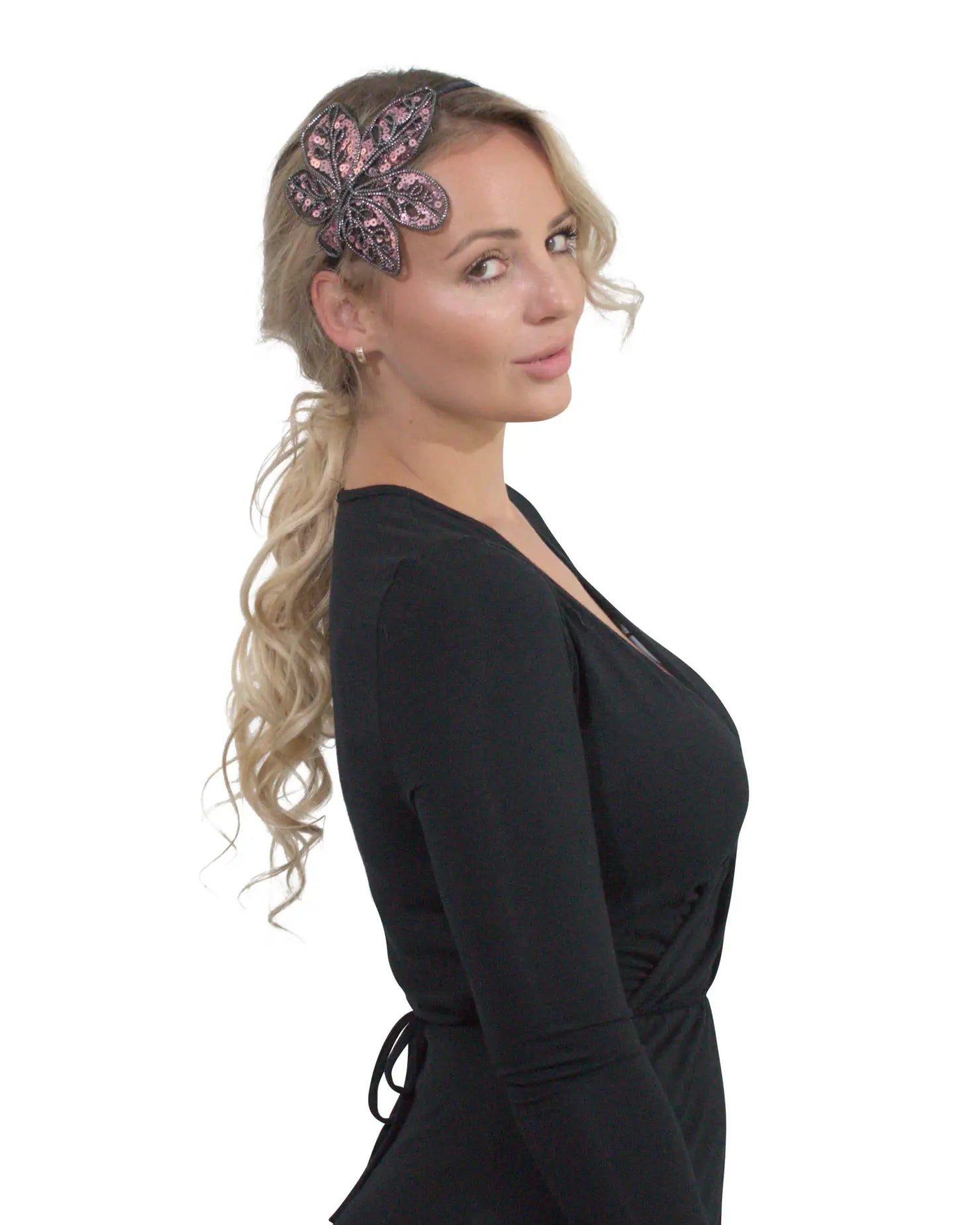 Woman wearing Elegant Leaf Alice Headband with Spangle & Sequin Detailing