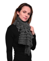 Grey scarf woman wearing elegant plain knitted ruffled scarf for autumn & winter warmth.