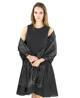 Elegant satin evening shawl with woman in black dress and bow