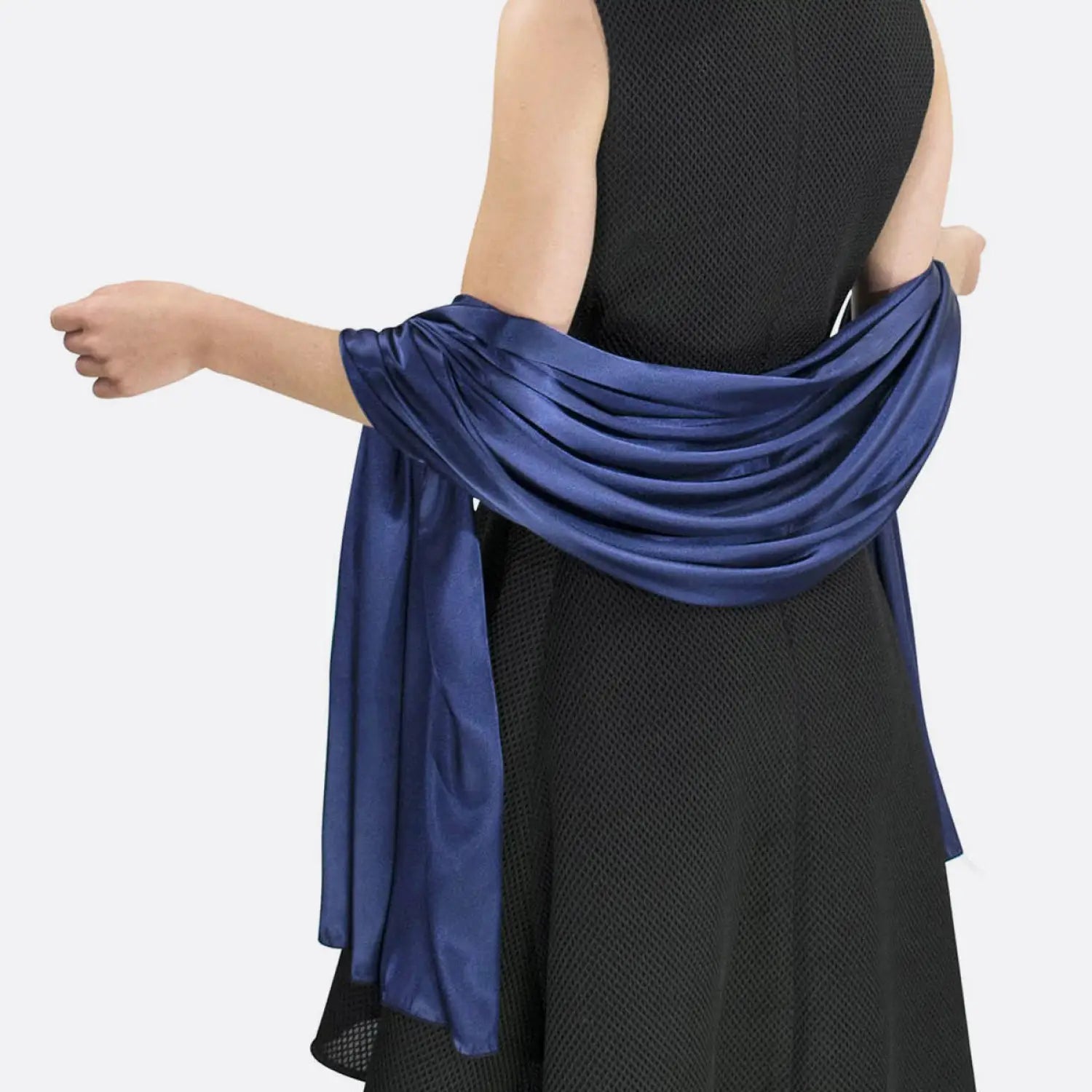 Elegant satin evening shawl - woman wearing blue scarf