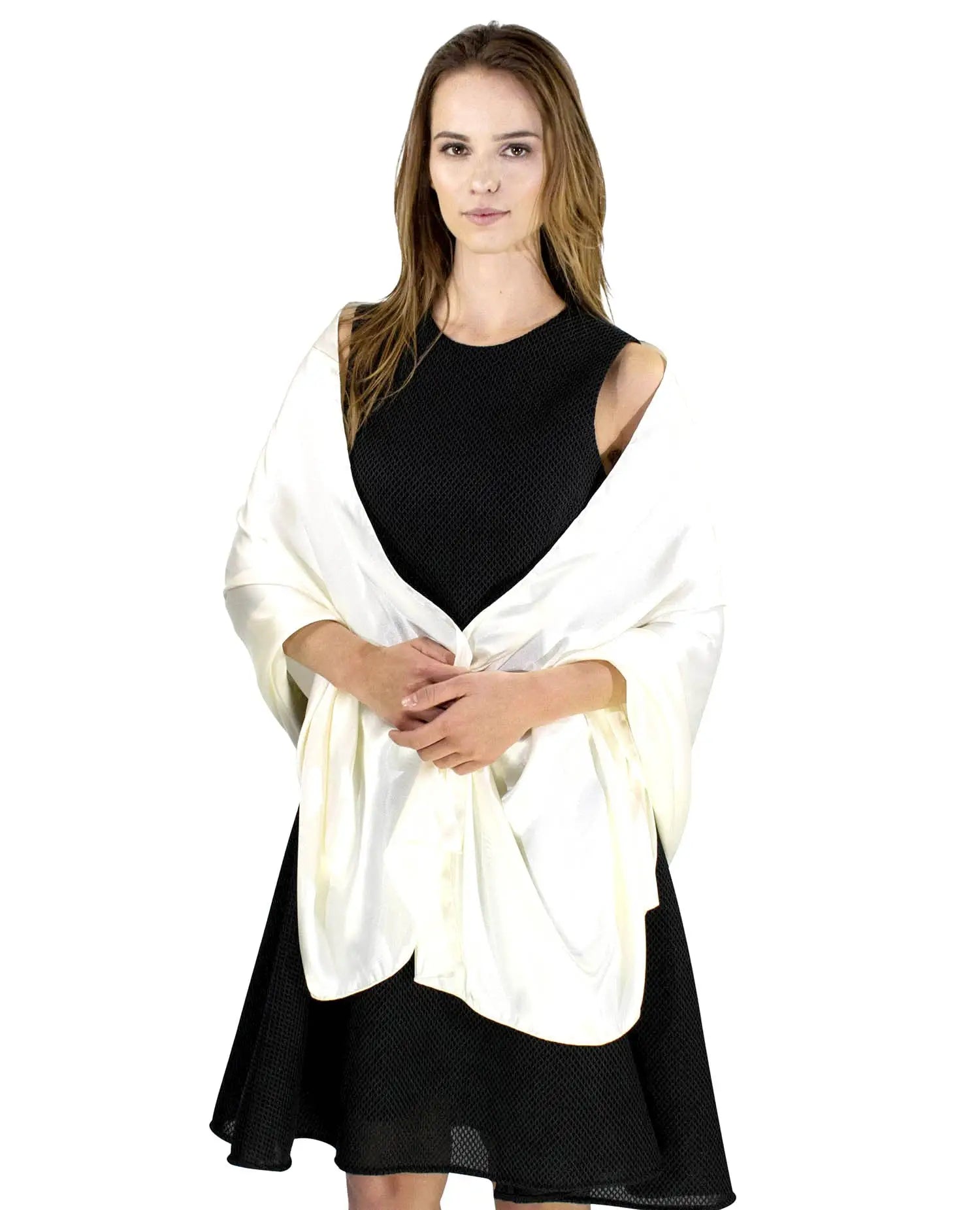 Elegant satin evening shawl in white and black ponche model