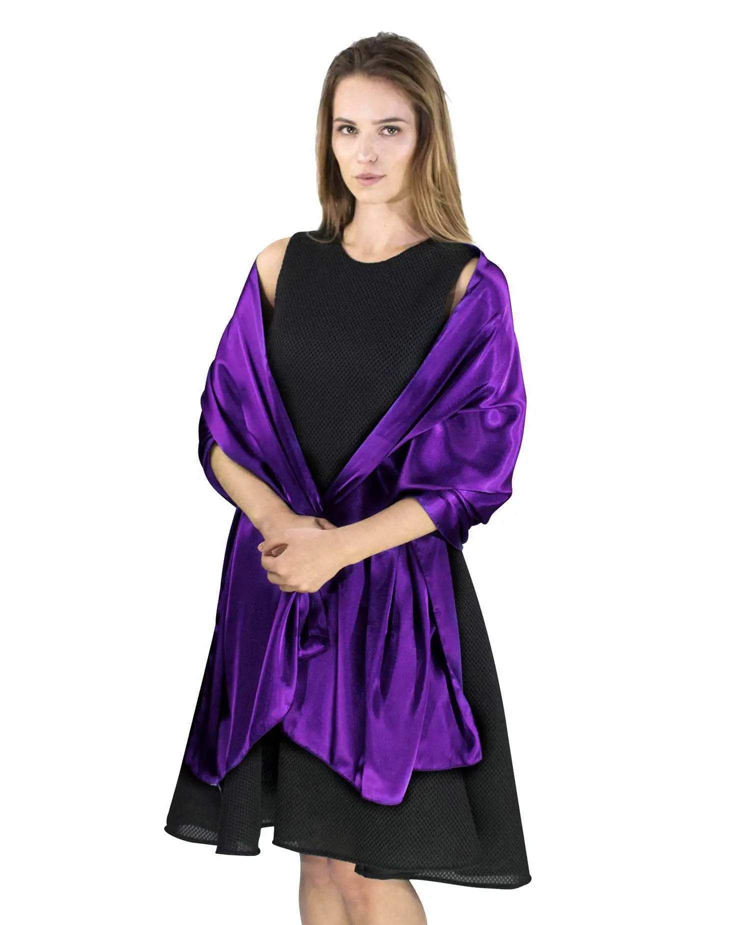 Woman wearing elegant satin evening shawl in purple and black dress