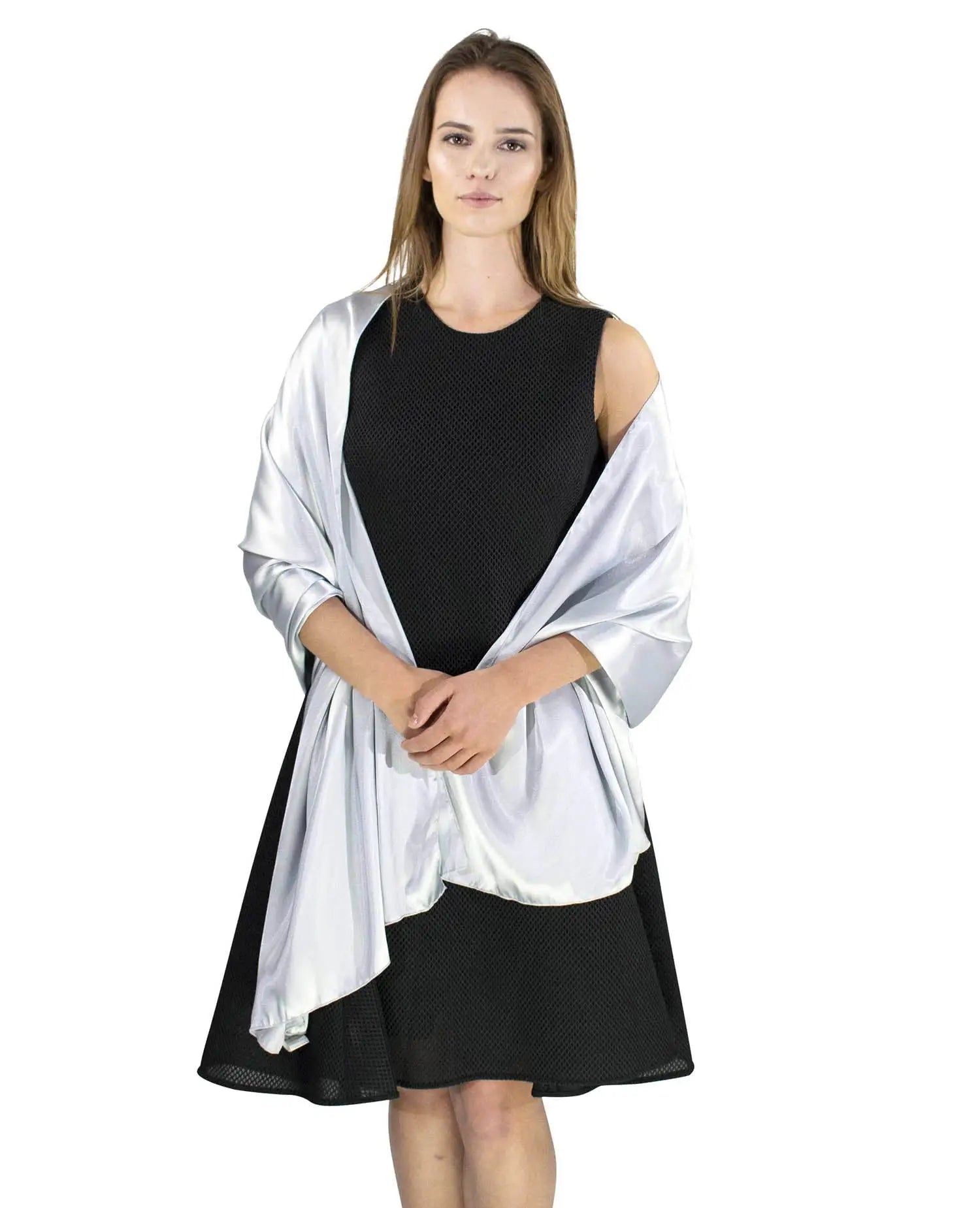Elegant satin evening shawl on a woman in black and white dress