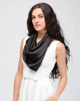 Elegant Solid Satin Large Square Scarf - Woman wearing black and white scarf
