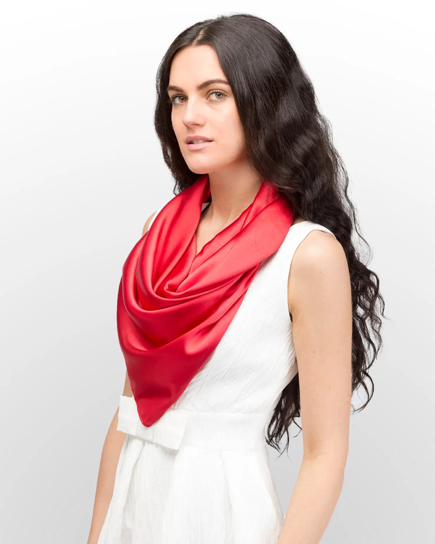 Woman wearing a red scarf, Elegant Solid Satin Large Square Scarf