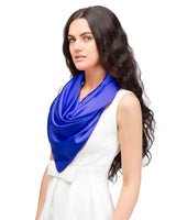 Woman in blue square scarf from Elegant Solid Satin Large Square Scarf
