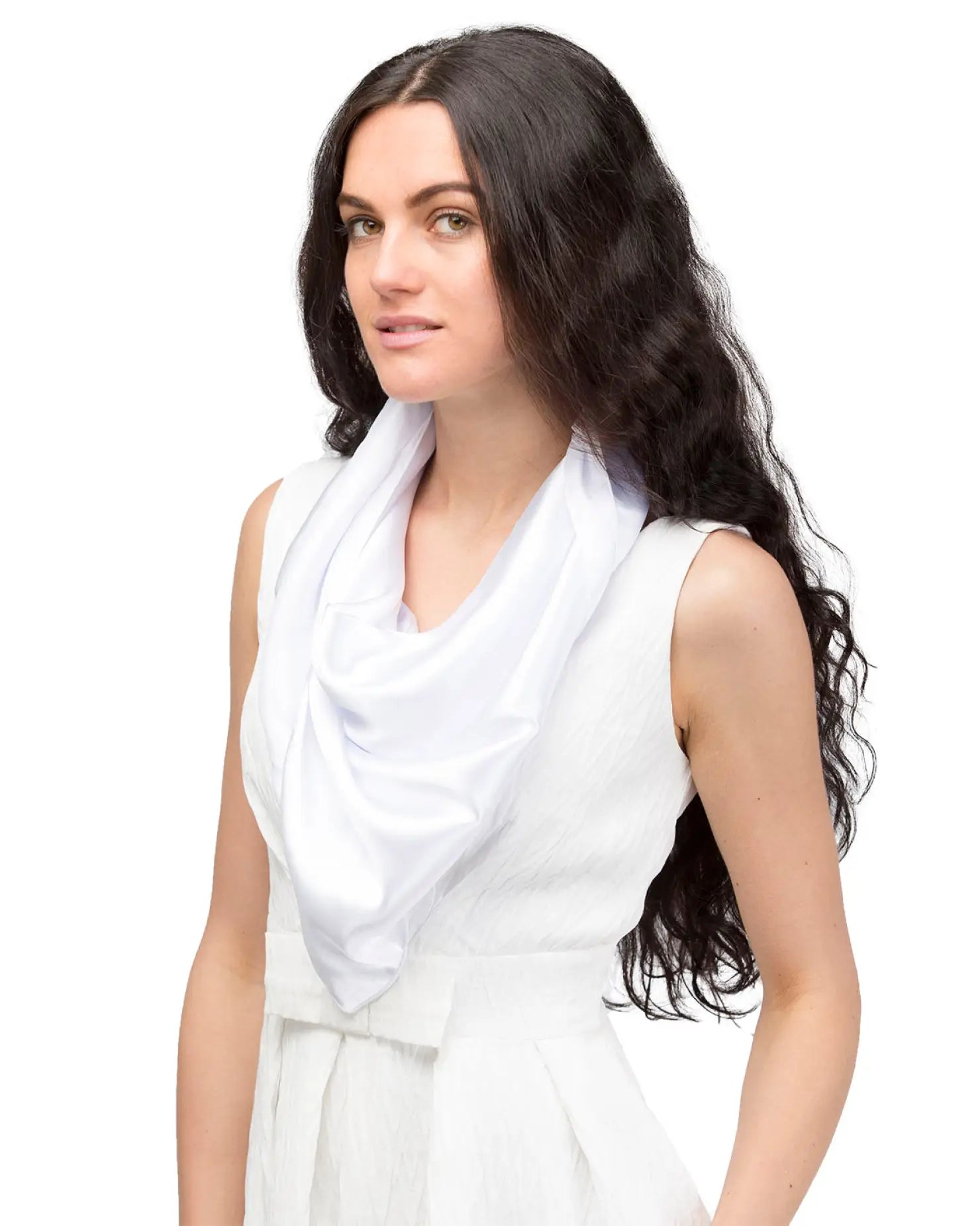 Elegant Solid Satin Large Square Scarf worn by a woman