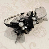 Black and silver Christmas hair bow on Elegant Stone & Pearl Lace Alice Headband