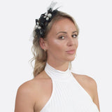 Elegant Stone & Pearl Lace Alice Headband on woman with black flower headband.