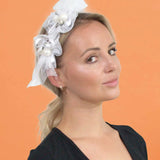 Woman wearing white flower headband - Elegant Stone & Pearl Lace Alice Headband.