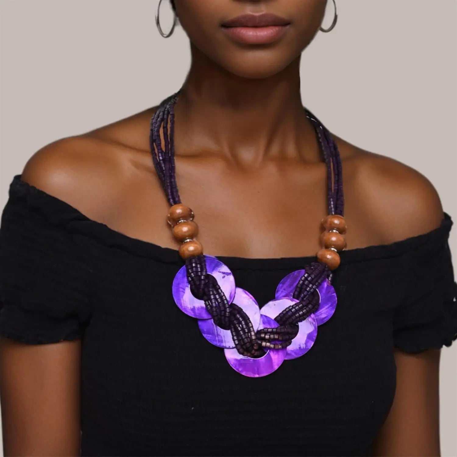 Elegant Wooden Beads Necklace – Lightweight & Versatile for Women - Purple - Necklaces