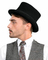 English Men’s Formal Wool Felt Top Hat - man wearing black hat and vest