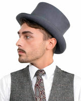 English Men’s Formal Wool Felt Top Hat worn by a man in grey hat and vest